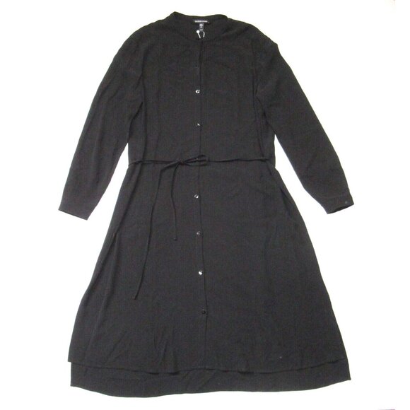 NWT Eileen Fisher Mandarin Collar Shirt Dress in Black Silk Georgette Belted XS - Picture 1 of 4